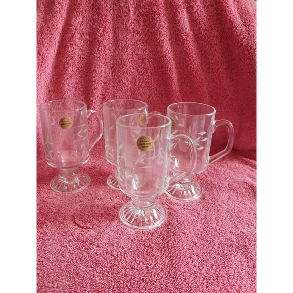 Princess House Etched Glass Mugs With Handles 6"Tall Floral design Set Of 4 - Picture 2 of 8